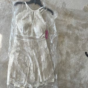 White formal fit and flare dress, criss cross straps, lace, unworn, Morgan & Co